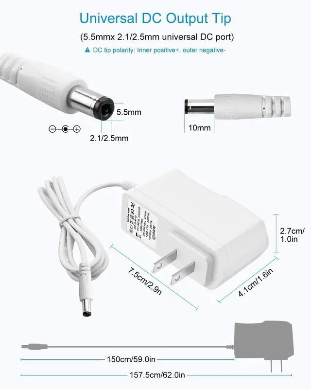Alt view image 2 of 7 - 5V 1A Power Supply 5W 4.92Ft Cord Universal AC Adapter 100-240V 50-60Hz to DC 5 Volt Replacement Power Cord with 8 Tips 5.5x2.5mm 5.5x2.1mm 4.0x1.7mm 3.5x1.35mm 3.0x1.1mm Micro-USB Type-C