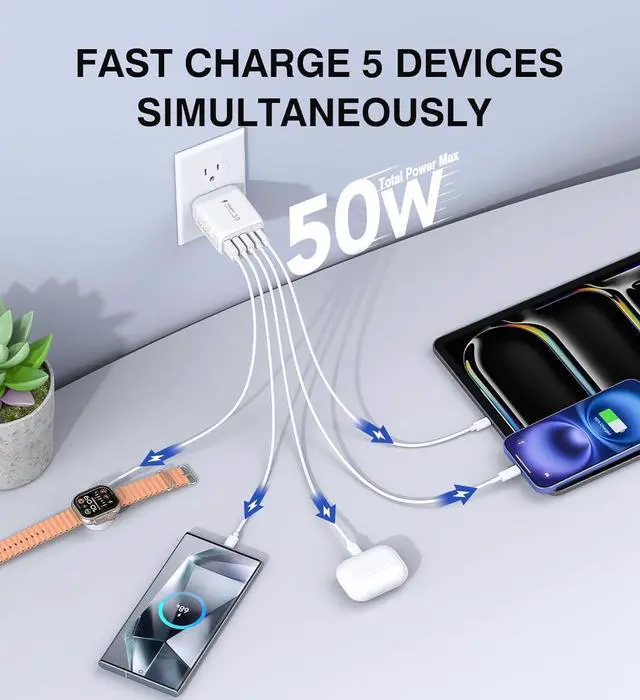 Alt view image 2 of 7 - USB C Wall Charger Block 2Pack 50W 5-Port C Charger Fast Charging Block PD Power Adapter +QC 3.0 Multiport Type C Box Brick Cube USB A Wall Plug for iPhone 16/15/14 Pro Max Plus iPad  Galaxy