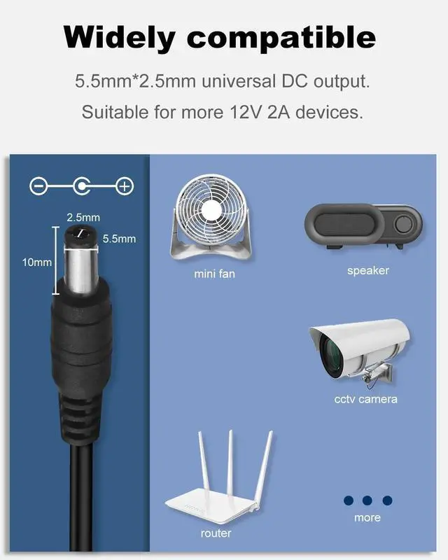 Alt view image 5 of 6 - DC 12V 2A Power Supply Adapter 24W AC Adapter 100-240V 50-60Hz to DC 12V 2A Power Cord Transformer with 5.5mm x 2.5mm Barrel Plug for CCTV Camera LED Strip Light Routers