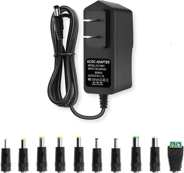 Main image of 9V DC Power Supply 1A Universal AC Adapter 100-240V 50/60Hz to 9 Volts 1Amp Transformer DC 9V Power Cord 5.5mm x 2.5mm Plug & 10 Tips