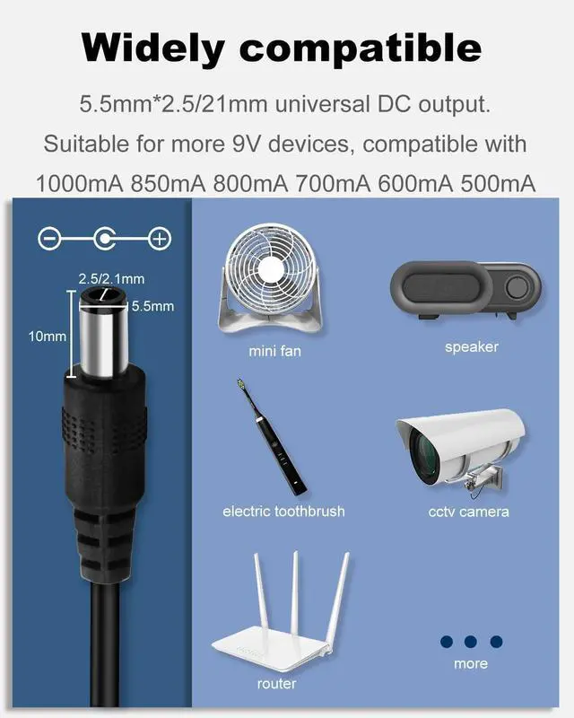 Alt view image 7 of 7 - 9V 1A AC DC Converter Power Supply Cord Adapter 100-240V 50-60Hz Wall Plug to DC 9 Volt 1 Amp Power Adapter Transformer 5.5 x 2.1mm Reverse Polarity Converter Cable & 10 Tips