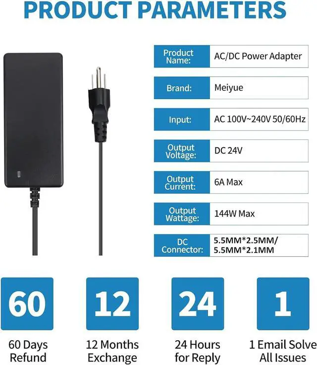 Alt view image 2 of 7 - 24V DC Power Supply 6A 144W 100-240V AC to DC Adapter with 5.5mm x 2.5mm&2.1mm Output Plug 24Volt 6Amp Power Supply 5Amp 4Amp 3Amp 2Amp 1Amp Adapter for 24V LED Strip Light CCTV Cameras Printer