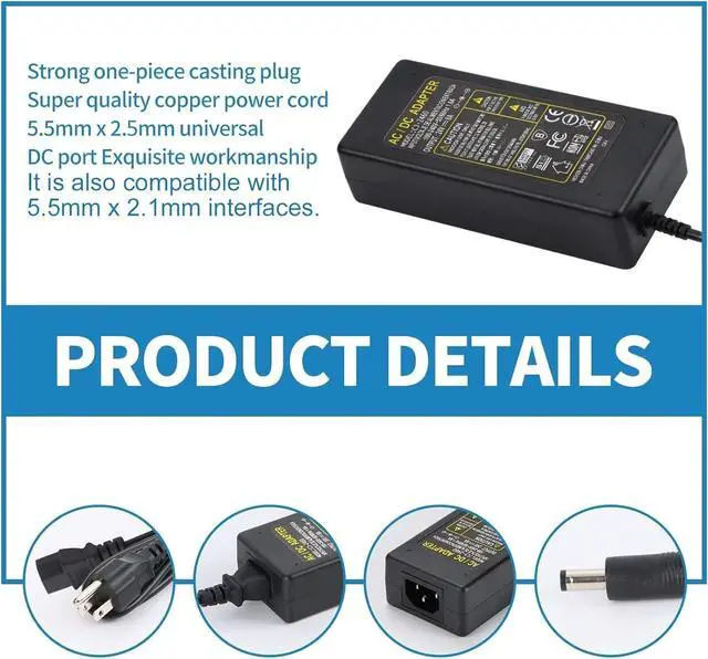 Alt view image 4 of 7 - 24V DC Power Supply 6A 144W 100-240V AC to DC Adapter with 5.5mm x 2.5mm&2.1mm Output Plug 24Volt 6Amp Power Supply 5Amp 4Amp 3Amp 2Amp 1Amp Adapter for 24V LED Strip Light CCTV Cameras Printer