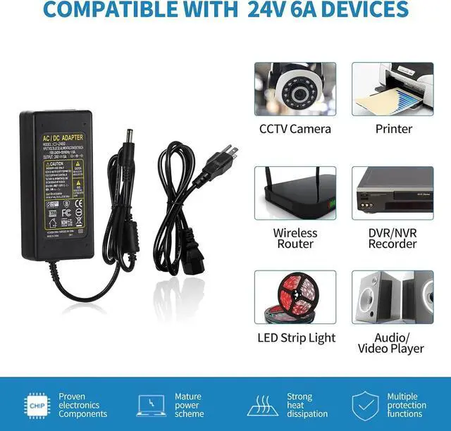 Alt view image 7 of 7 - 24V DC Power Supply 6A 144W 100-240V AC to DC Adapter with 5.5mm x 2.5mm&2.1mm Output Plug 24Volt 6Amp Power Supply 5Amp 4Amp 3Amp 2Amp 1Amp Adapter for 24V LED Strip Light CCTV Cameras Printer