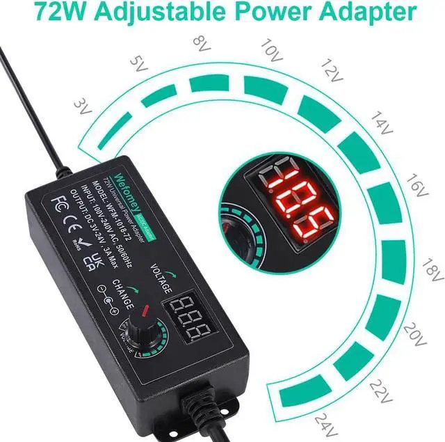 Alt view image 2 of 7 - Universal Power Supply 3V~24V 3A 72W Adjustable Variable 3V 5V 9V 12V 18V 20V 24V AC/DC Adapter Charger 100V-240V AC to DC Converter with 14 Tips Polarity Converter and 4-Way Power Splitter Cable