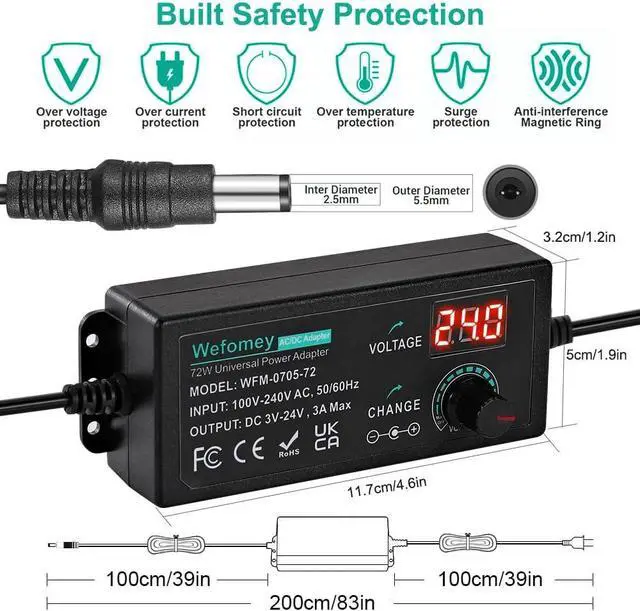 Alt view image 3 of 7 - Universal Power Supply 3V~24V 3A 72W Adjustable Variable 3V 5V 9V 12V 18V 20V 24V AC/DC Adapter Charger 100V-240V AC to DC Converter with 14 Tips Polarity Converter and 4-Way Power Splitter Cable