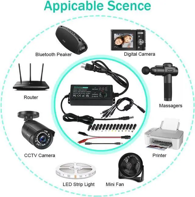 Alt view image 7 of 7 - Universal Power Supply 3V~24V 3A 72W Adjustable Variable 3V 5V 9V 12V 18V 20V 24V AC/DC Adapter Charger 100V-240V AC to DC Converter with 14 Tips Polarity Converter and 4-Way Power Splitter Cable