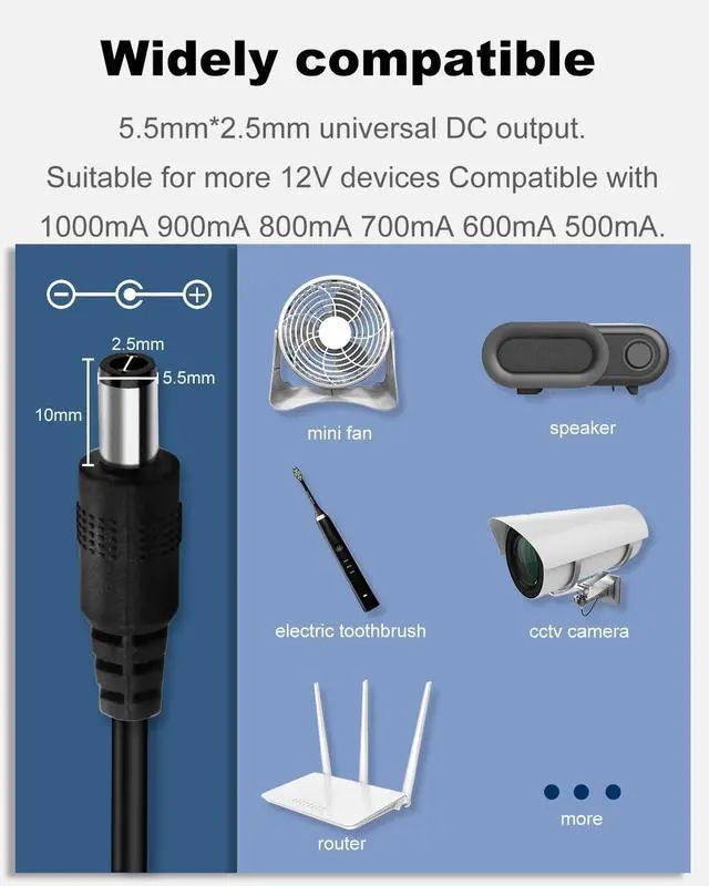 Alt view image 5 of 6 - 12V 1A Power Supply 12W AC Adapter 100-240V 50-60Hz AC to DC Adapter DC 12 Volt 1 Amp Power Supply Cord with 5.5mm x 2.5mm Barrel