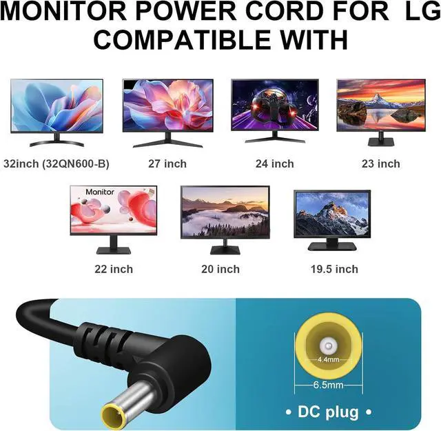 Alt view image 4 of 7 - 19V DC Power Supply for LG Electronics Monitor 19 20 22 23 24 32 TV LCD LED HD Monitor Widescreen Replacement LG Power Adapter Supply Power Cord Black