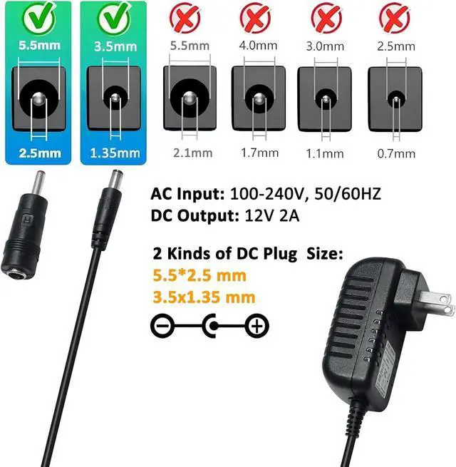 Alt view image 2 of 6 - 12V 2A Power Supply AC to DC Adapter 100-240V 50-60Hz Power Cord 5.5mm x 2.5mm 3.5mm x 1.35mm Wall Plug Transformer Replacement 4ft Output 12 Volt 2 Amp 24W for CCTV Camera LED Light Router