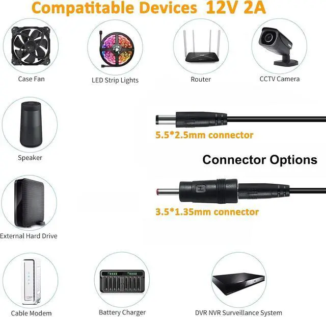 Alt view image 3 of 6 - 12V 2A Power Supply AC to DC Adapter 100-240V 50-60Hz Power Cord 5.5mm x 2.5mm 3.5mm x 1.35mm Wall Plug Transformer Replacement 4ft Output 12 Volt 2 Amp 24W for CCTV Camera LED Light Router