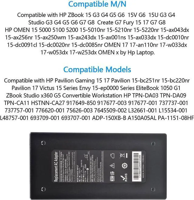 Alt view image 3 of 7 - 150W Power Supply Charger 19.5V 7.7A AC Adapter Laptop Charger for HP ZBook Studio15 G3 G4 G5 HP ZBook G3 G4 OMEN x by 15 17 ADP-150XB B 710415-001 776620-001 75626-003 917677-003 with Power Cord