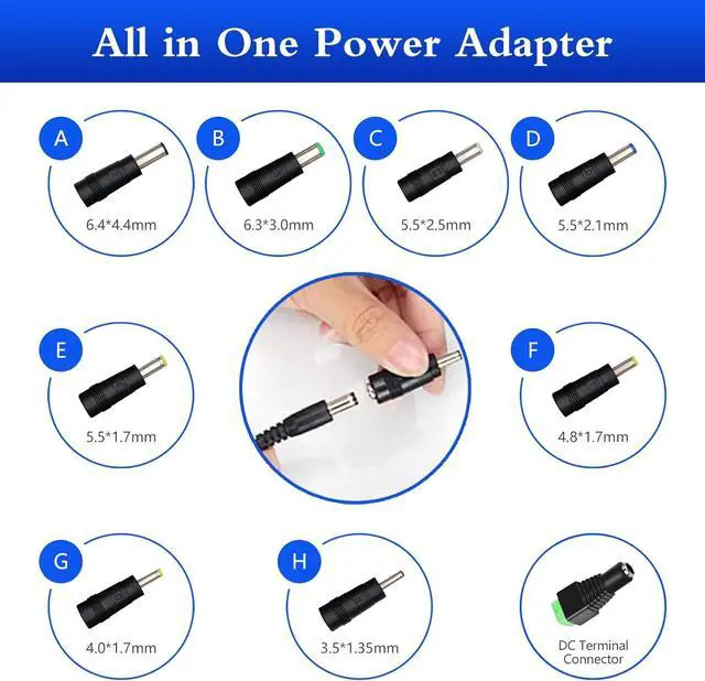 Alt view image 3 of 7 - 9V Power Supply 9V 1.5A 13.5W Universal 100-240V AC to DC 9Volts 1.5A 1A 0.8A 0.5A 450mA Power Adapter with 9 Plugs for LED Strip Light Camera Router Elliptical Trainer -Center Positive 5.5x2.1mm Plug