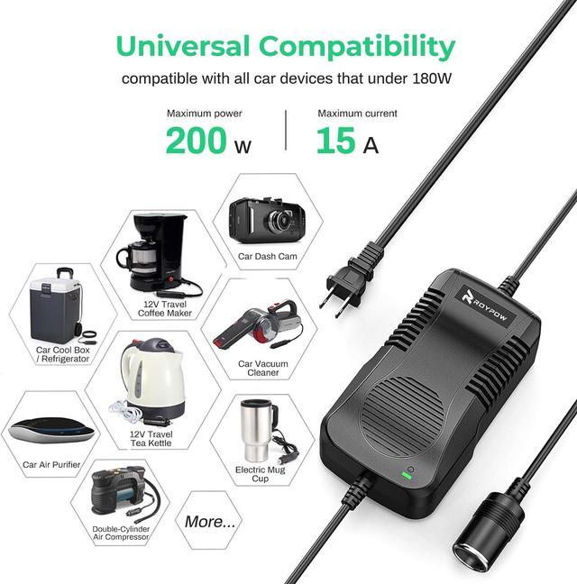 Alt view image 4 of 7 - AC to DC Converter 180W (Max 200W) 15A 100V~120V to 12V Car Cigarette Lighter Socket AC/DC Power Supply Adapter 120V/110V to 12V Converter Transformer for Inflator Car Refrigerator