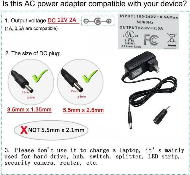 Alt view image 5 of 6 - 12V 2A Power Supply AC to DC Adapter 100-240V 50-60Hz Power Cord 5.5mm x 2.5mm 3.5mm x 1.35mm Wall Plug Transformer Replacement 4ft Output 12 Volt 2 Amp 24W for CCTV Camera LED Light Router