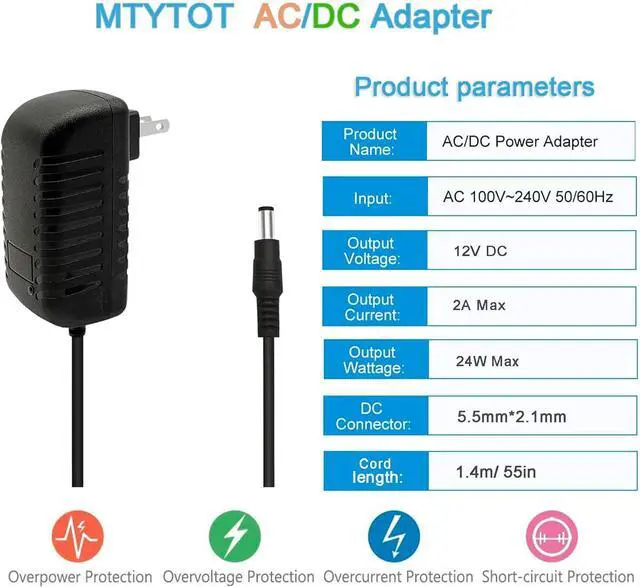 Alt view image 2 of 6 - 12Volt Power Supply 2Amp AC/DC Adapter Transformer 100-240 50/60Hz to DC 12V 2Amp Power Adapter Cord 5.5mm x 2.5mm US Plug for dc12v LED Strip Light CCTV Camera
