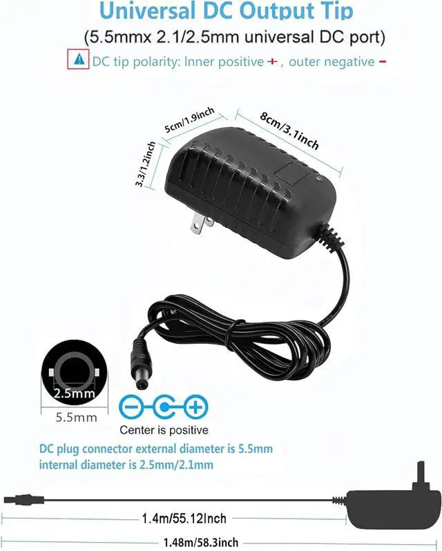 Alt view image 3 of 6 - 12Volt Power Supply 2Amp AC/DC Adapter Transformer 100-240 50/60Hz to DC 12V 2Amp Power Adapter Cord 5.5mm x 2.5mm US Plug for dc12v LED Strip Light CCTV Camera