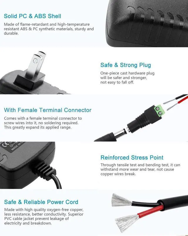 Alt view image 4 of 6 - 12Volt Power Supply 2Amp AC/DC Adapter Transformer 100-240 50/60Hz to DC 12V 2Amp Power Adapter Cord 5.5mm x 2.5mm US Plug for dc12v LED Strip Light CCTV Camera