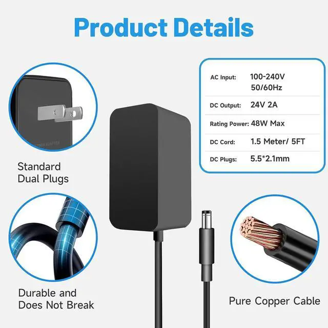 Alt view image 2 of 7 - 24V 2A Power Supply UL Listed 24 Volt LED Power Supply Adapter 100-240V AC to 24V DC Converter Adapter with 5.5mm x 2.1mm DC Plug for LED Strips CCTV Camera 2 Pack