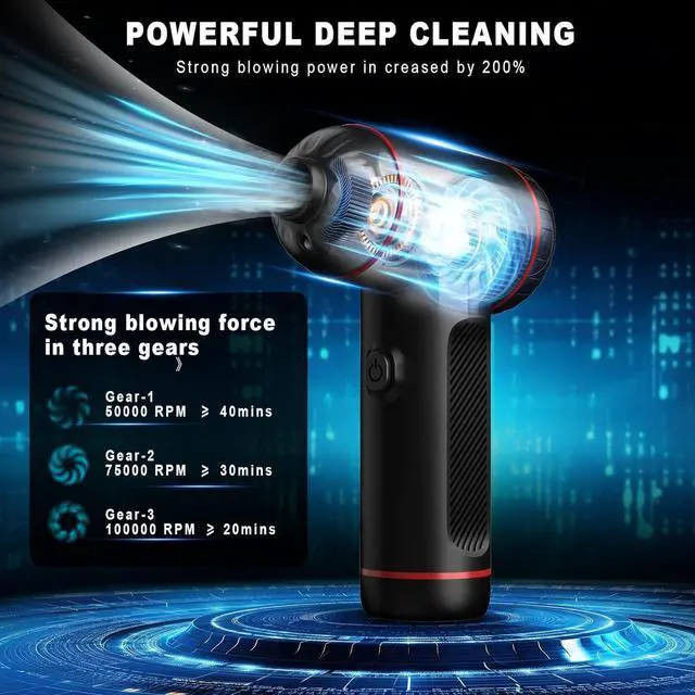 Alt view image 2 of 6 - Compressed Air Duster 3 Gear Adjustable 100000RPM Electric Air Duster Rechargeable Cordless Air Blower with LED Light for Computer Keyboard Electric Devices Cleaning. Replaces Compressed Air Cans