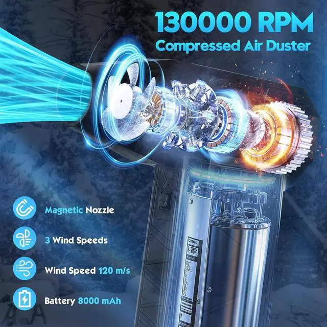 Alt view image 2 of 7 - Compressed Air Duster 130000RPM Electric Air Duster 3 Gear Adjustable Turbo Fan X3 Cordless Air Blower with Rechargeable Battery Mini Blower for PC/Laptop/Keyboard/Car/Home Cleaner