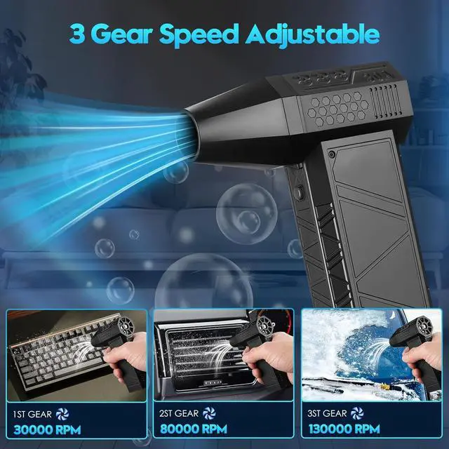 Alt view image 3 of 7 - Compressed Air Duster 130000RPM Electric Air Duster 3 Gear Adjustable Turbo Fan X3 Cordless Air Blower with Rechargeable Battery Mini Blower for PC/Laptop/Keyboard/Car/Home Cleaner