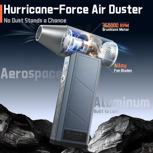 Alt view image 2 of 7 - Compressed Air Duster 360000RPM 52m/s Cordless Electric Air Duster with Flashlight 4-Speed Adjustable Mini Air Blower Gun USB-C Charging