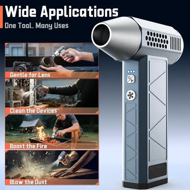 Alt view image 4 of 7 - Compressed Air Duster 360000RPM 52m/s Cordless Electric Air Duster with Flashlight 4-Speed Adjustable Mini Air Blower Gun USB-C Charging