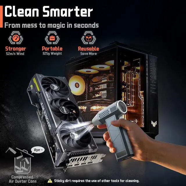 Alt view image 5 of 7 - Compressed Air Duster 360000RPM 52m/s Cordless Electric Air Duster with Flashlight 4-Speed Adjustable Mini Air Blower Gun USB-C Charging