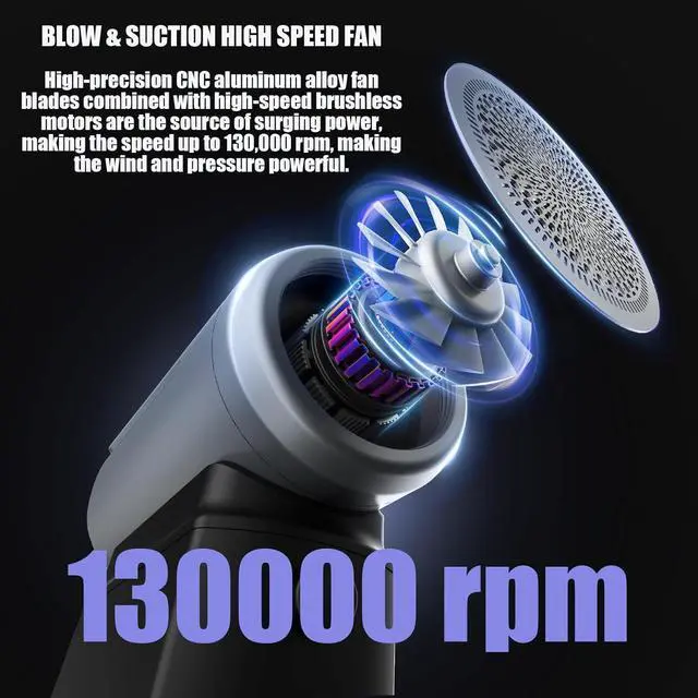Alt view image 2 of 7 - Electric Compressed Air Duster 130 000RPM Portable Small Super Power Cordless Air Duster Blow and Suction High Speed Air Blower Turbo Fan Dust Blower for Computer Keyboard House Travel Outdoor Car