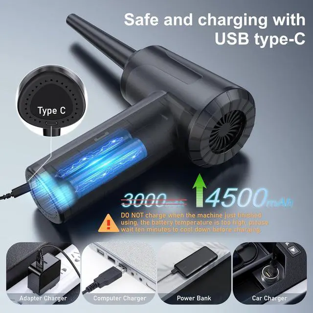 Alt view image 2 of 7 - Electric Compressed Air Duster Rechargable Air Blower for Car 100000RPM Air Can Duster for Computer PC Mini Blower Cordless with Led Light Handheld Blower Keyboard Cleaner Black