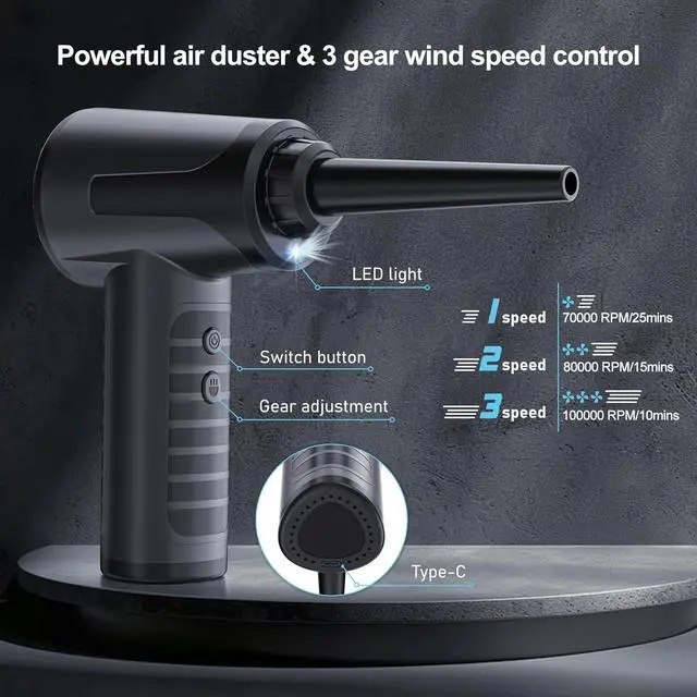 Alt view image 3 of 7 - Electric Compressed Air Duster Rechargable Air Blower for Car 100000RPM Air Can Duster for Computer PC Mini Blower Cordless with Led Light Handheld Blower Keyboard Cleaner Black