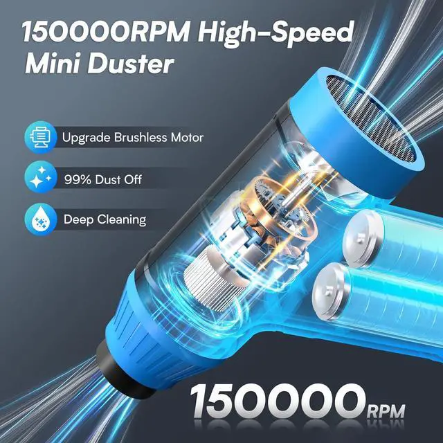 Alt view image 2 of 7 - Electric Compressed Air Duster - Electric Air Duster for PC Rechargeable Mini Blower 150 000 RPM Cordless Vacuum for Cleaning Keyboards Computers and Cars (Blue)