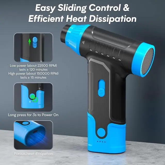 Alt view image 5 of 7 - Electric Compressed Air Duster - Electric Air Duster for PC Rechargeable Mini Blower 150 000 RPM Cordless Vacuum for Cleaning Keyboards Computers and Cars (Blue)