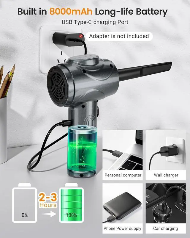 Alt view image 3 of 7 - Electric Compressed Air Duster for Computers 100000RPM Powerful Air Duster for PC/Keyboard/Car/Electronics 3 Power Speeds Air Blower with LED (Grey)