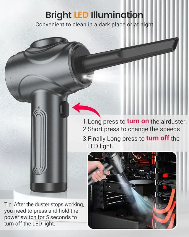 Alt view image 4 of 7 - Electric Compressed Air Duster for Computers 100000RPM Powerful Air Duster for PC/Keyboard/Car/Electronics 3 Power Speeds Air Blower with LED (Grey)