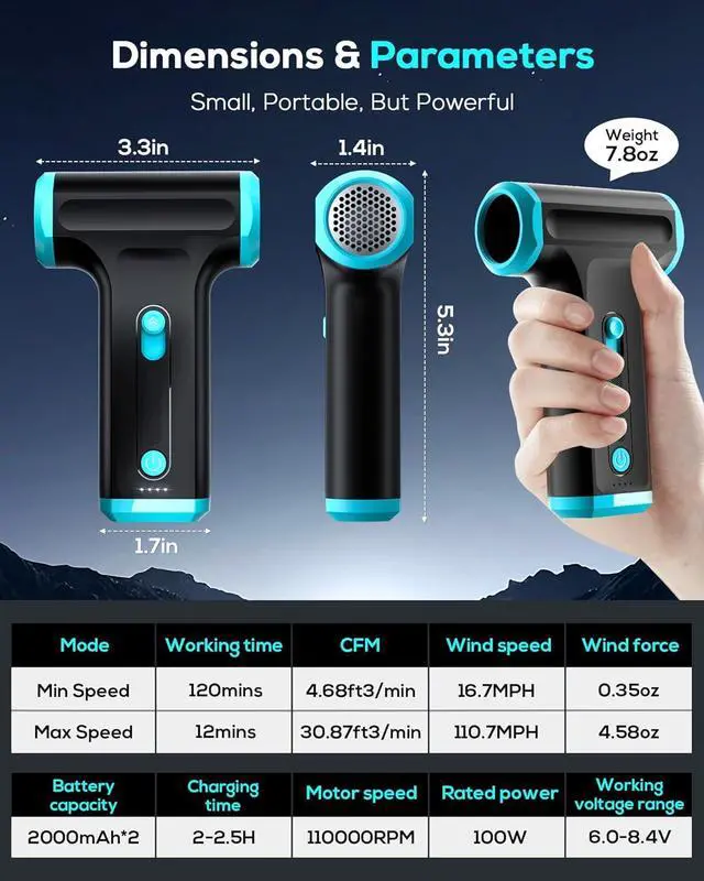 Alt view image 7 of 7 - Compressed Air Duster-Stepless Adjustable 110 000RPM Electric Cleaner for Keyboard PC Cleaning Rechargeable Cordless Jet Dry Blower Replace Canned Air Compressed Air Cans - Blue