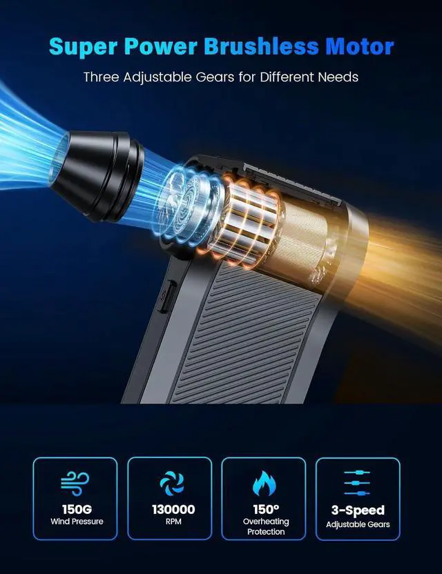 Alt view image 2 of 7 - Compressed Air Duster-3-Gear Adjustable Electric Air Duster Rechargeable Cordless Air Blower with Brushless Motor Powerful Air Duster for Keyboard PC Air Bed and Home Cleaning