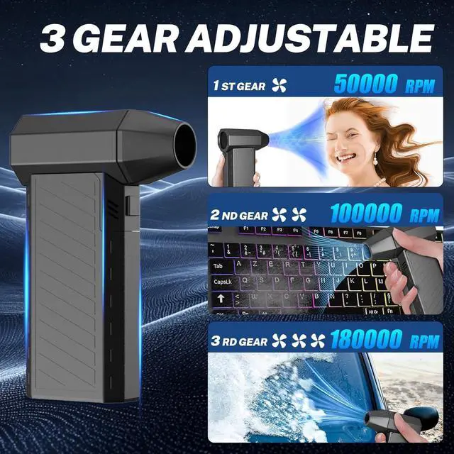 Alt view image 2 of 7 - Compressed Air Duster Turbo Jet Fan 180000RPM Mini Air Duster Blower High Speed Fan 3 Adjustable Rechargeable Cordless Air Broom for Home Outdoor Dust Removal
