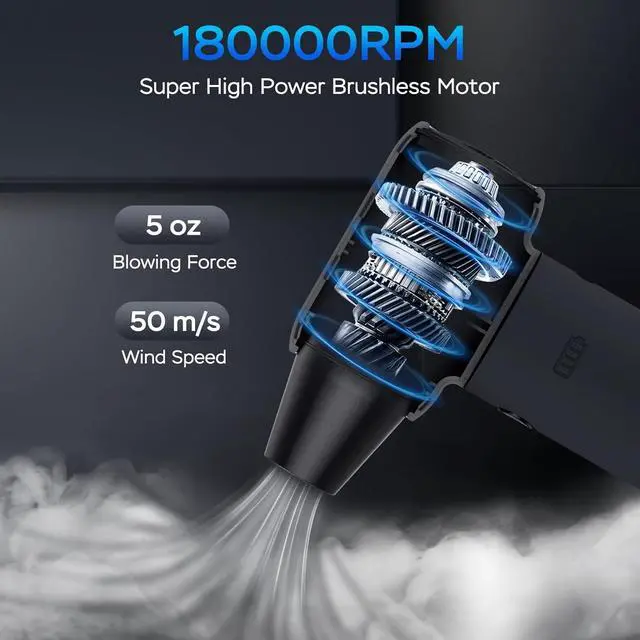 Alt view image 2 of 7 - Compressed Air Duster 180000RPM Electric Duster Air Blower Cordless Rechargeable Mini Dust Blower 3 Gear Jet Fan for PC Keyboard Computer Car Outdoor House Cleaning-Black