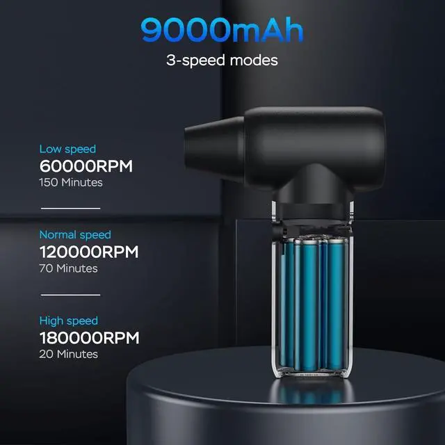 Alt view image 3 of 7 - Compressed Air Duster 180000RPM Electric Duster Air Blower Cordless Rechargeable Mini Dust Blower 3 Gear Jet Fan for PC Keyboard Computer Car Outdoor House Cleaning-Black