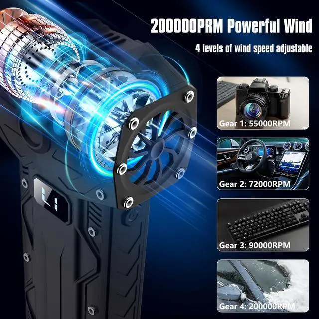 Alt view image 2 of 7 - Compressed Air Duster Electric air duster-4-Gear Adjustable Dust Blower for Computer Keyboard Outdoor House and Car Powerful Dust Cleaner for Keyboard