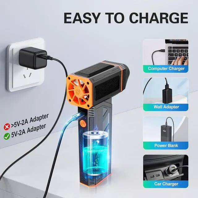 Alt view image 6 of 7 - Electric Compressed Air Duster 130000RPM Super Power Turbo Jet Dry Violent Fan Mini Handheld Dust Leaf Car Snow Blower Rechargeable Refillable Computer Keyboard PC Electronic Duster Pressurized Air