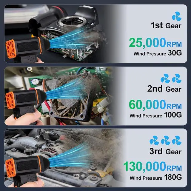 Alt view image 5 of 7 - Electric Compressed Air Duster 130000RPM Super Power Turbo Jet Dry Violent Fan Mini Handheld Dust Leaf Car Snow Blower Rechargeable Refillable Computer Keyboard PC Electronic Duster Pressurized Air