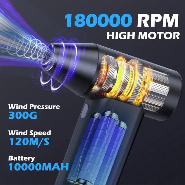 Alt view image 2 of 7 - Compressed Air Duster- Mini Blower 3-SpeedAdjustable High-Speed Aluminum Alloy HairDryer 150000RPMElectric Air Duster Blower with Flashlight functionality dusters for Cleaning-Jet Dry Blower-Black