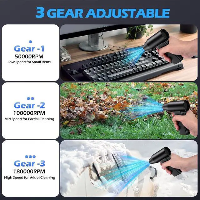 Alt view image 3 of 7 - Compressed Air Duster- Mini Blower 3-SpeedAdjustable High-Speed Aluminum Alloy HairDryer 150000RPMElectric Air Duster Blower with Flashlight functionality dusters for Cleaning-Jet Dry Blower-Black
