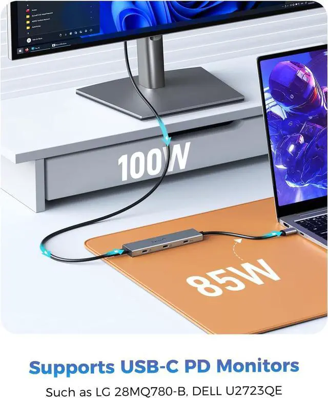 Alt view image 3 of 7 - Versatile USB C Video Hub for Dual Monitor, USB-C PD Monitor, Thunderbolt Splitter DP Alt Dual 4K@30-60Hz, 10Gbps*4 Ports, PD 100W, Docking Station Dual Monitor with Type-C Video Cable