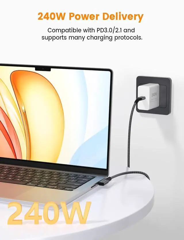 Alt view image 3 of 7 - USB 4 Gen 3 80Gbps Cable for Thunderbolt 5 Cable 5FT 240W Right Angle Thunderbolt 4 Cable 90 Degree USB C Cable 120Gbps Bandwidth 8K@60Hz Display for MacBook Thunderbolt Docks eGPU Hub