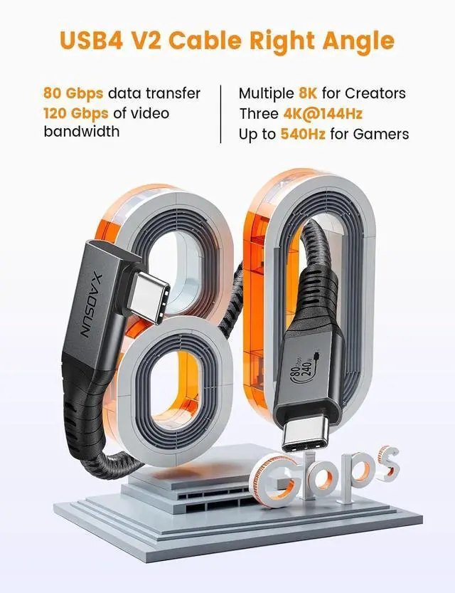 Alt view image 4 of 7 - USB 4 Gen 3 80Gbps Cable for Thunderbolt 5 Cable 5FT 240W Right Angle Thunderbolt 4 Cable 90 Degree USB C Cable 120Gbps Bandwidth 8K@60Hz Display for MacBook Thunderbolt Docks eGPU Hub