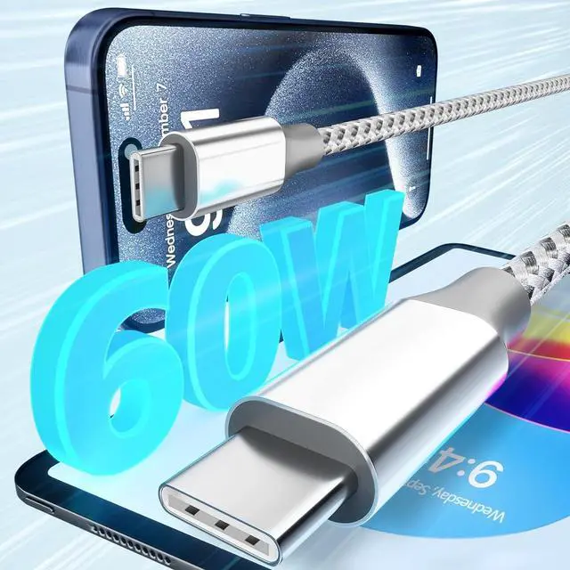 Alt view image 3 of 7 - USB C Cable3 Pack 10FT 60W Fast Charging USB C to USB C Cable Durable Type C Charger Cable for iPhone 16/15/iPad MacBook CarPlay and More-Grey White